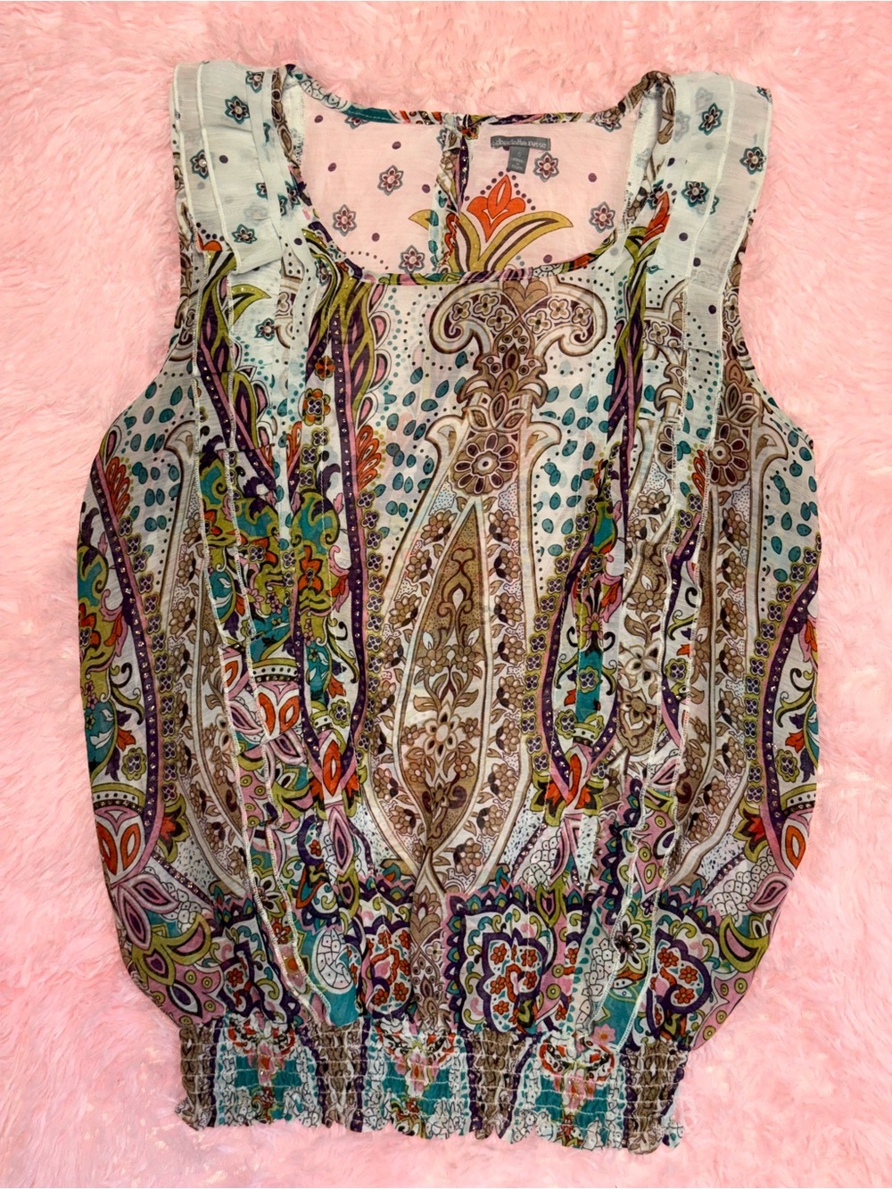 CharlotteRousse Boho Paisley Sleeveless Ruffle Blouse Size S